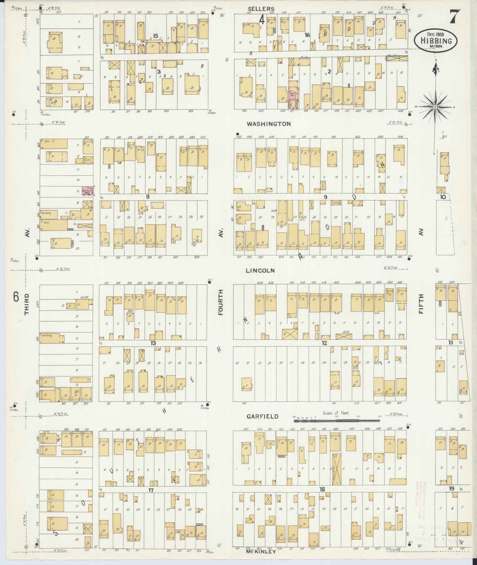 Sanborn Fire Insurance Map from Hibbing, Saint Louis County, Minnesota (1908), Sheet #0007 - Historic Sanborn Fire Insurance Map Print, vintage old map wall art, antique decor, genealogy gift, Minnesota Minnesota map