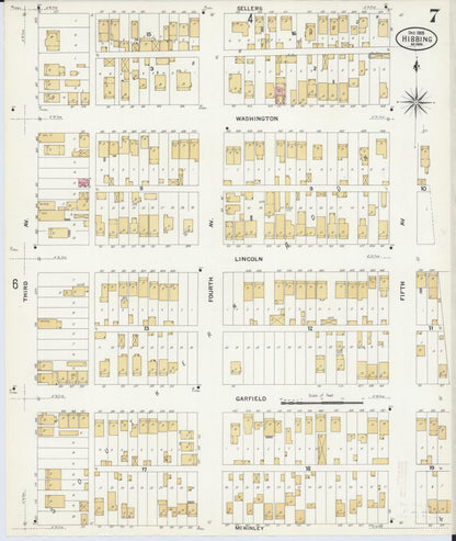 Sanborn Fire Insurance Map from Hibbing, Saint Louis County, Minnesota (1908), Sheet #0007 - Historic Sanborn Fire Insurance Map Print, vintage old map wall art, antique decor, genealogy gift, Minnesota Minnesota map