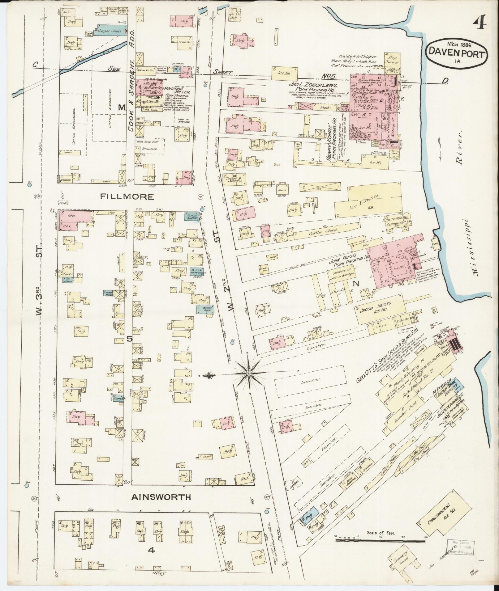 Sanborn Fire Insurance Map from Davenport, Scott County, Iowa (1886), Sheet #0004 - Historic Sanborn Fire Insurance Map Print, vintage old map wall art
