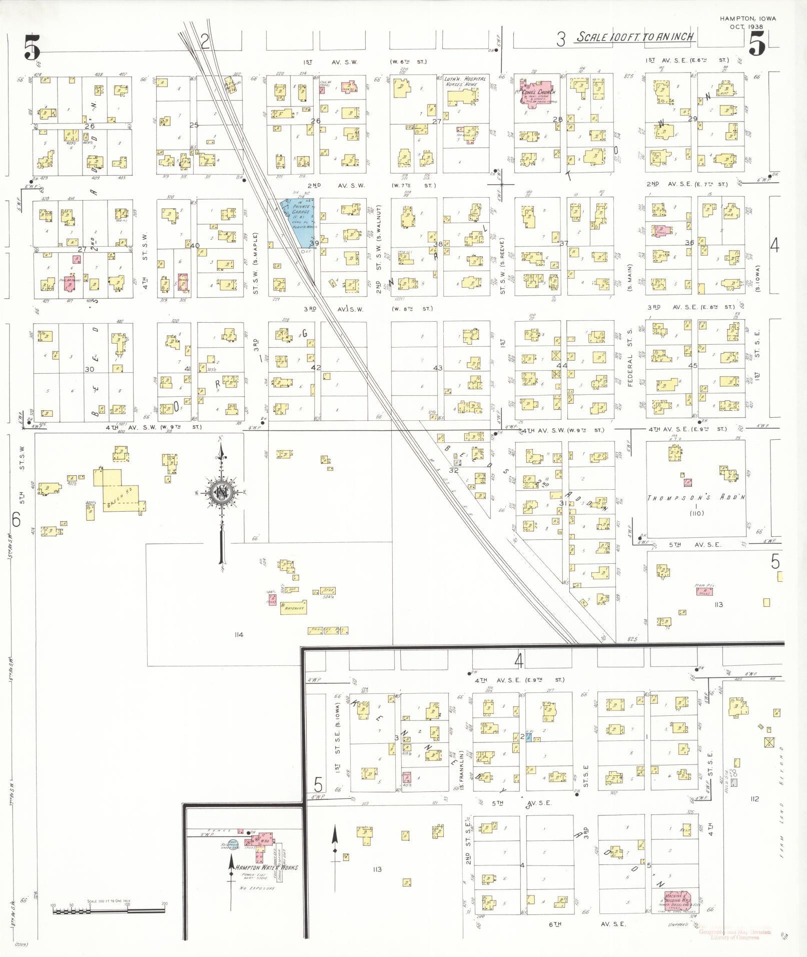Sanborn Fire Insurance Map from Hampton, Franklin County, Iowa (1938), Sheet #0005 - Historic Sanborn Fire Insurance Map Print, vintage old map wall art