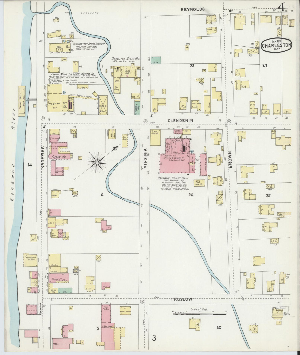 Sanborn Fire Insurance Map from Charleston, Kanawha County, West Virginia (1897), Sheet #0004 - Complete Map Set gallery image, historic Sanborn map, vintage wall art, West Virginia West Virginia