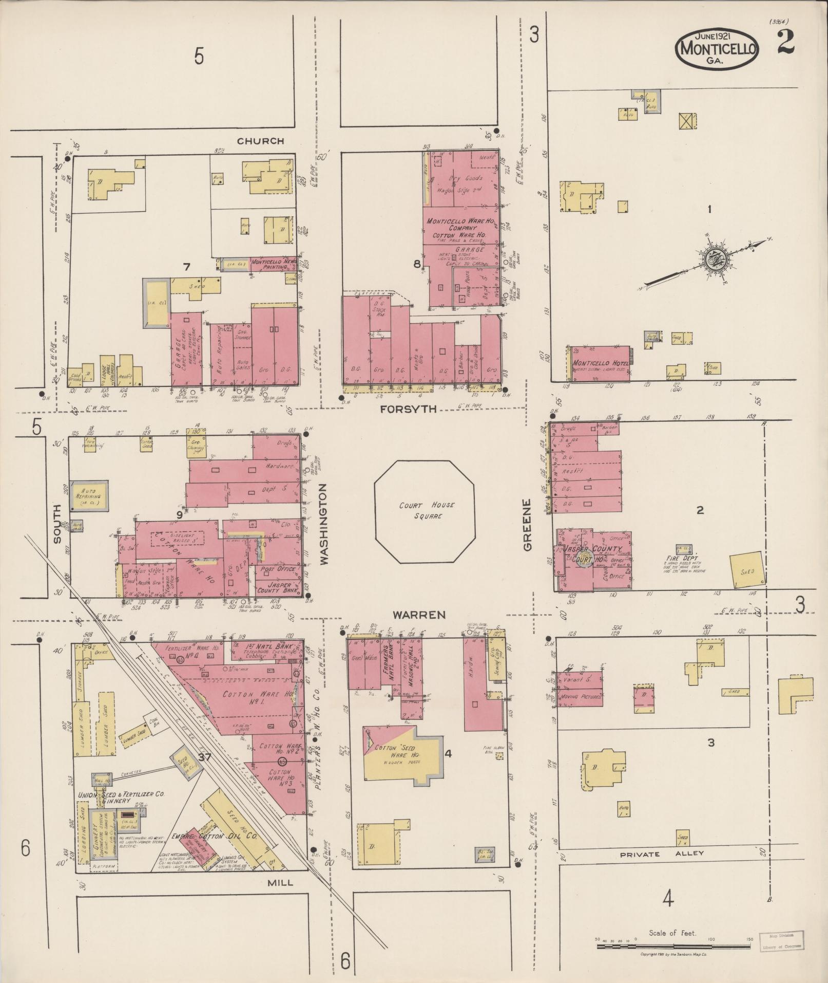Sanborn Fire Insurance Map from Monticello, Jasper County, Georgia (1921), Sheet #0002 - Historic Sanborn Fire Insurance Map Print, vintage old map wall art, antique decor, genealogy gift, Georgia Georgia map