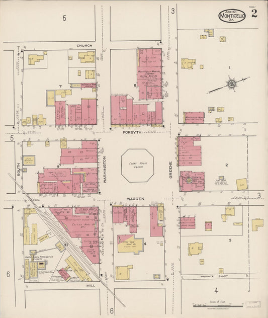 Sanborn Fire Insurance Map from Monticello, Jasper County, Georgia (1921), Sheet #0002 - Historic Sanborn Fire Insurance Map Print, vintage old map wall art, antique decor, genealogy gift, Georgia Georgia map