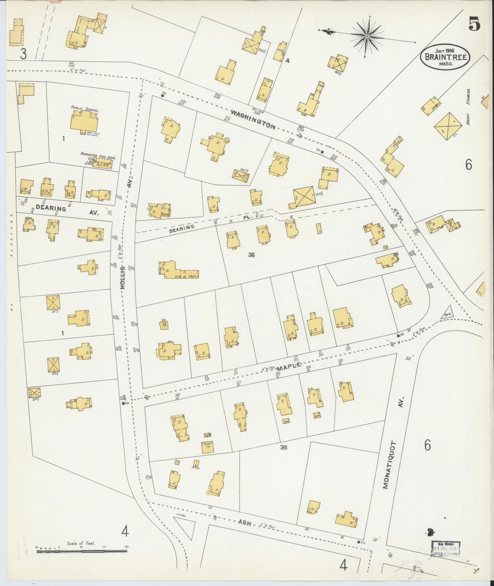 Sanborn Fire Insurance Map from Braintree, Norfolk County, Massachusetts (1906), Sheet #0005 - Complete Map Set gallery image, historic Sanborn map, vintage wall art, Massachusetts Massachusetts