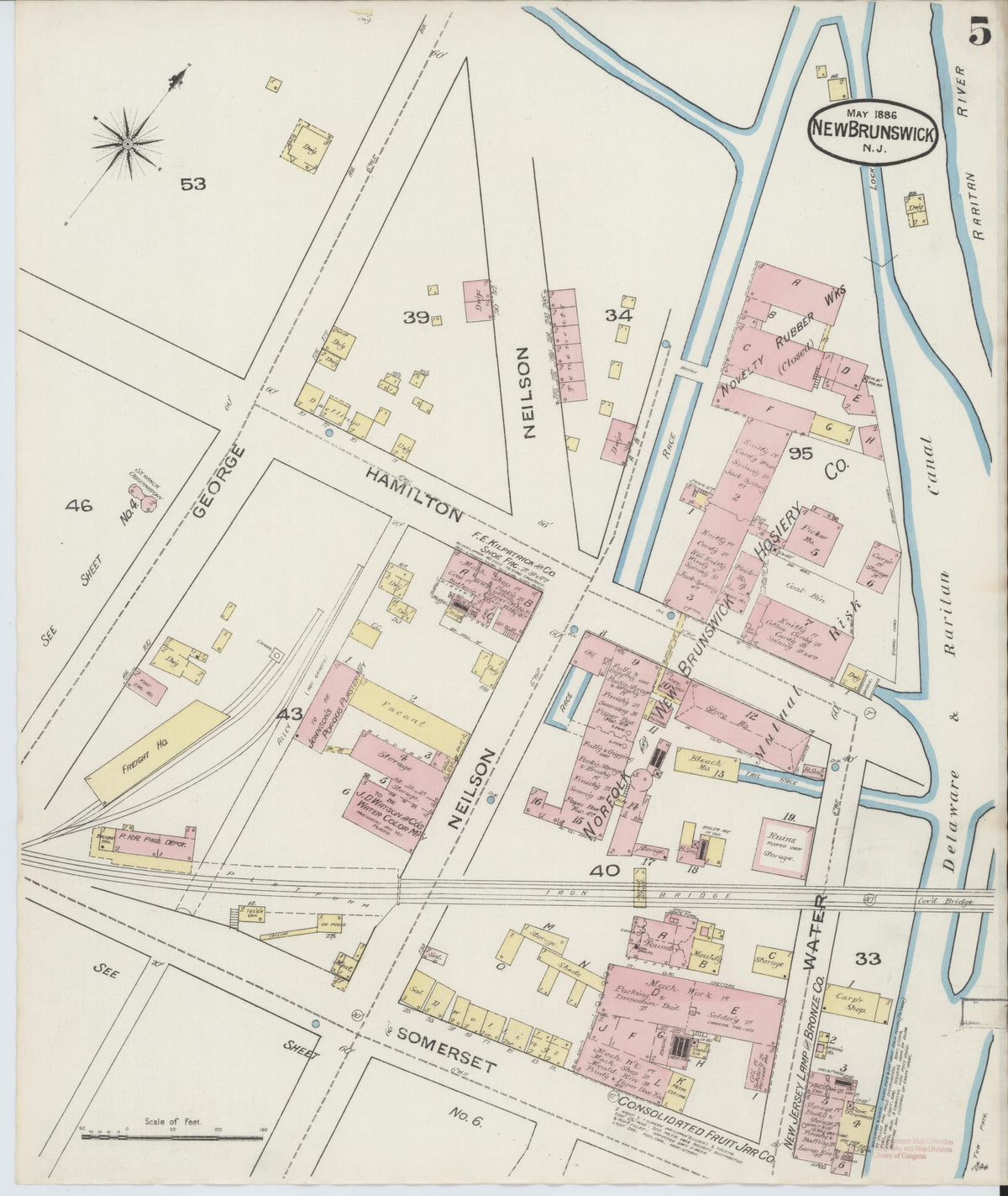 Sanborn Fire Insurance Map from New Brunswick, Middlesex County, New Jersey (1886), Sheet #0005 - Historic Sanborn Fire Insurance Map Print, vintage old map wall art, antique decor, genealogy gift, New Jersey New Jersey map