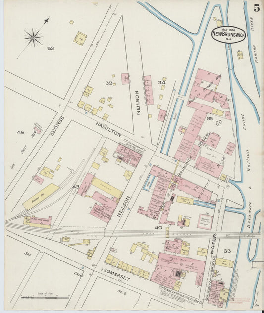 Sanborn Fire Insurance Map from New Brunswick, Middlesex County, New Jersey (1886), Sheet #0005 - Historic Sanborn Fire Insurance Map Print, vintage old map wall art, antique decor, genealogy gift, New Jersey New Jersey map