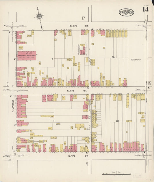 Sanborn Fire Insurance Map from Frederick, Frederick County, Maryland (1922), Sheet #0014 - Historic Sanborn Fire Insurance Map Print, vintage old map wall art