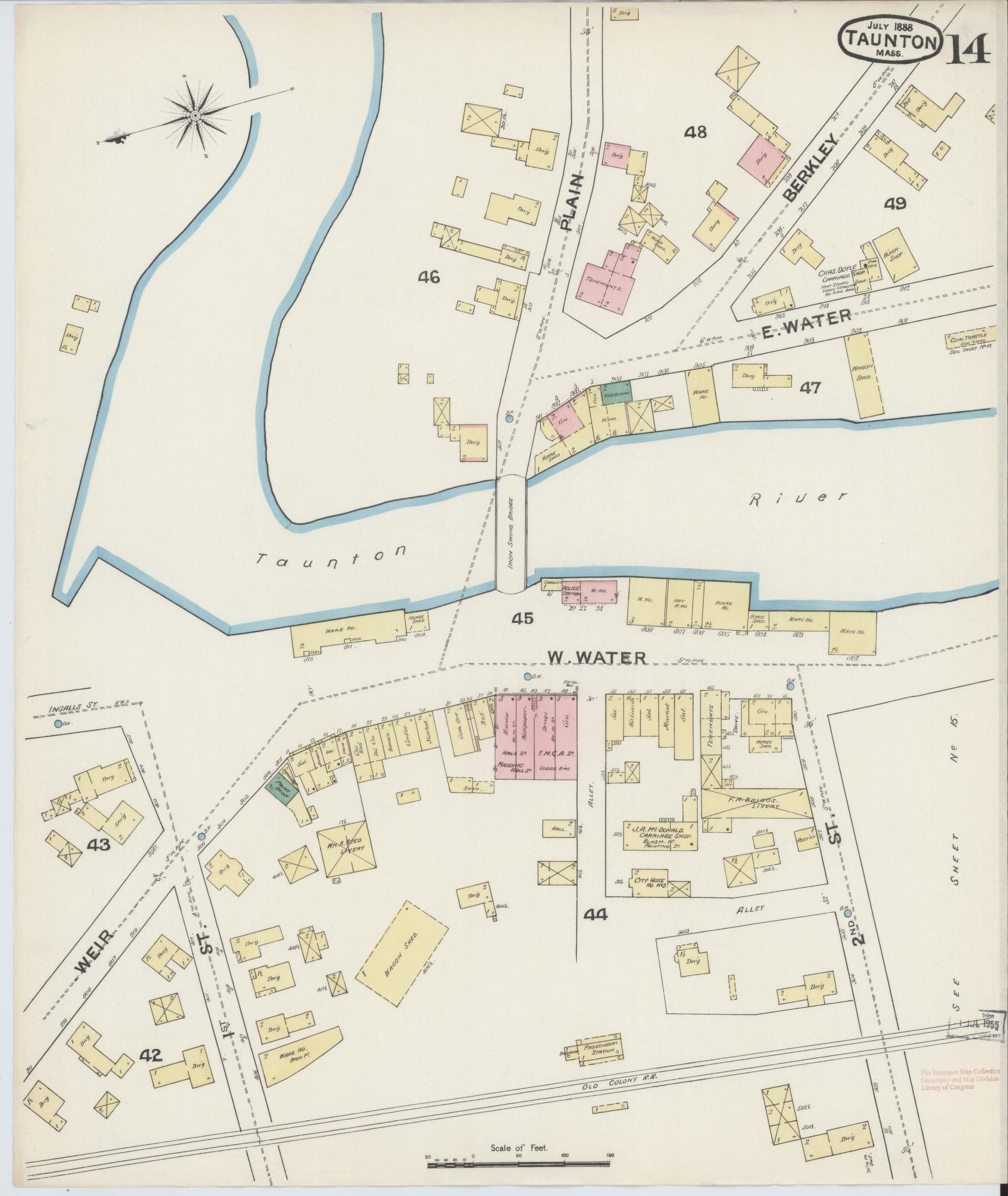 Sanborn Fire Insurance Map from Taunton, Bristol County, Massachusetts (1888), Sheet #0014 - Historic Sanborn Fire Insurance Map Print, vintage old map wall art, antique decor, genealogy gift, Massachusetts Massachusetts map