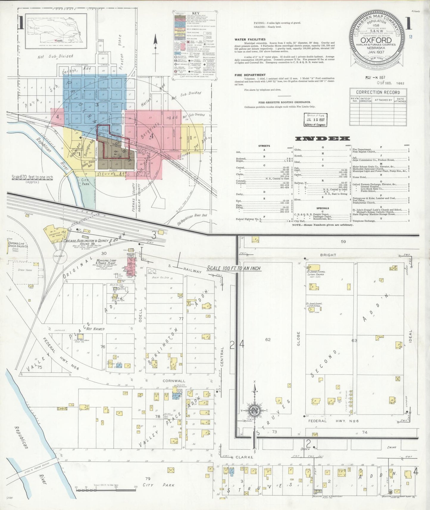Sanborn Fire Insurance Map from Oxford, Harlan And Furnas County, Nebraska (1937), Sheet #0001 - Historic Sanborn Fire Insurance Map Print, vintage old map wall art, antique decor, genealogy gift, Nebraska Nebraska map
