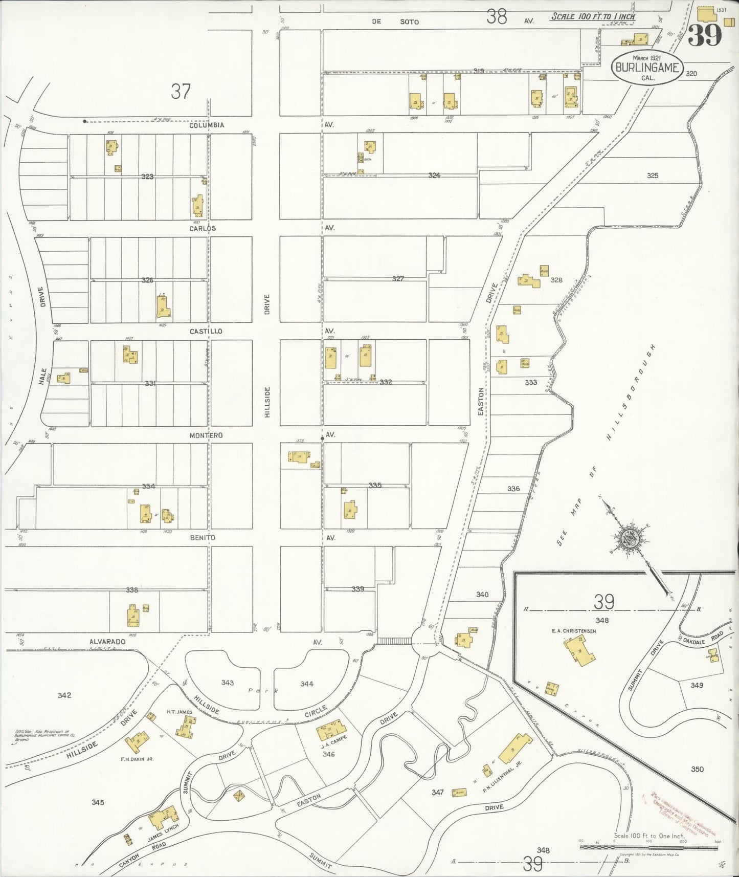 Sanborn Fire Insurance Map from Burlingame, San Mateo County, California (1921), Sheet #0039 - Complete Map Set gallery image, historic Sanborn map, vintage wall art, California California