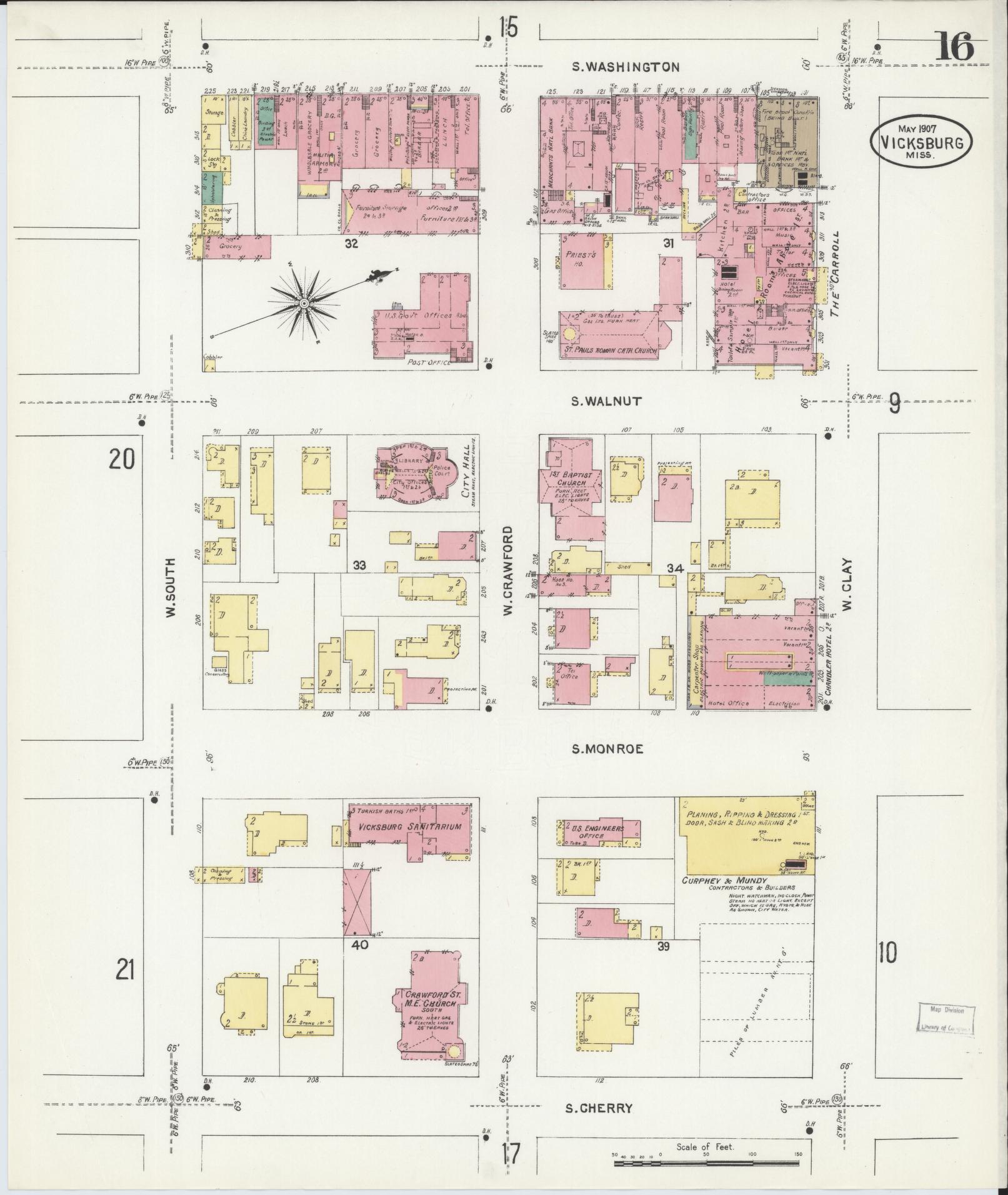 Sanborn Fire Insurance Map from Vicksburg, Warren County, Mississippi (1907), Sheet #0016 - Historic Sanborn Fire Insurance Map Print, vintage old map wall art, antique decor, genealogy gift, Mississippi Mississippi map