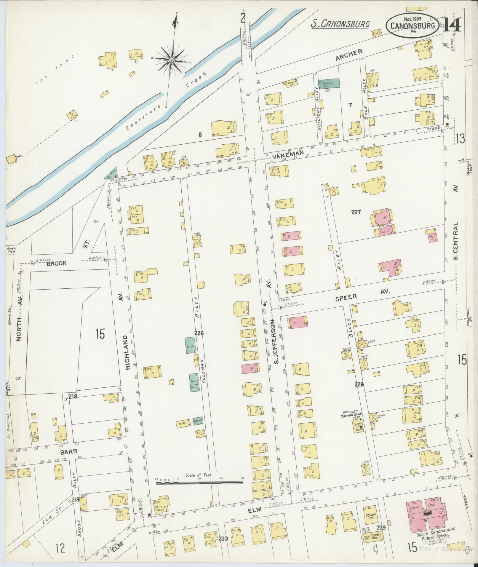 Sanborn Fire Insurance Map from Canonsburg, Washington County, Pennsylvania (1907), Sheet #0014 - Historic Sanborn Fire Insurance Map Print, vintage old map wall art, antique decor, genealogy gift, Pennsylvania Pennsylvania map
