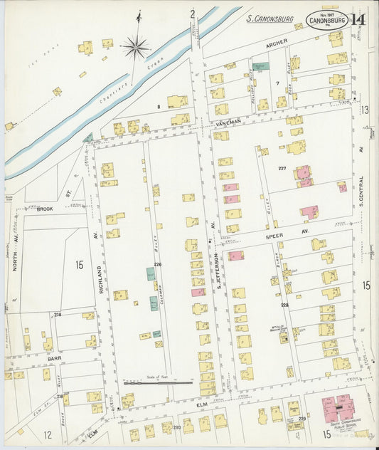 Sanborn Fire Insurance Map from Canonsburg, Washington County, Pennsylvania (1907), Sheet #0014 - Historic Sanborn Fire Insurance Map Print, vintage old map wall art, antique decor, genealogy gift, Pennsylvania Pennsylvania map