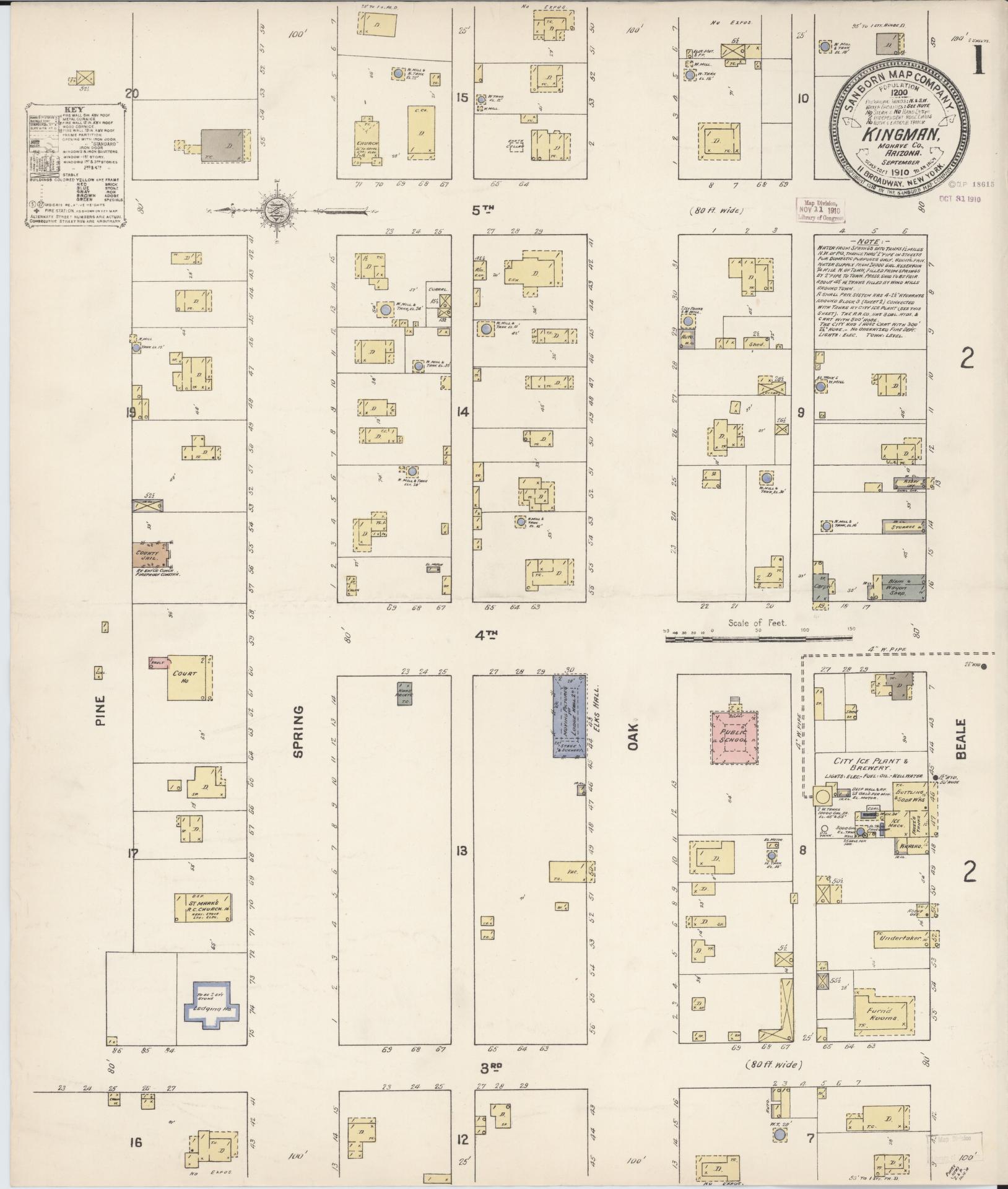 Sanborn Fire Insurance Map from Kingman, Mohave County, Arizona (1910), Sheet #0001 - Complete Map Set gallery image, historic Sanborn map, vintage wall art, Arizona Arizona