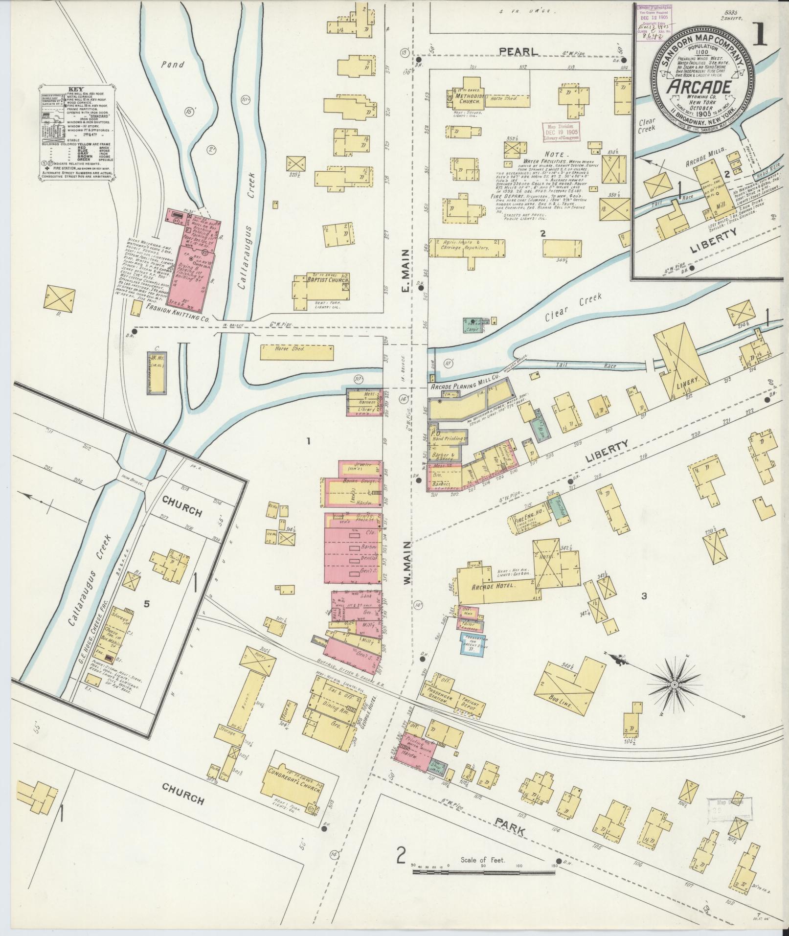 Sanborn Fire Insurance Map from Arcade, Wyoming County, New York (1905), Sheet #0001 - Historic Sanborn Fire Insurance Map Print, vintage old map wall art, antique decor, genealogy gift, Arcade Wyoming map