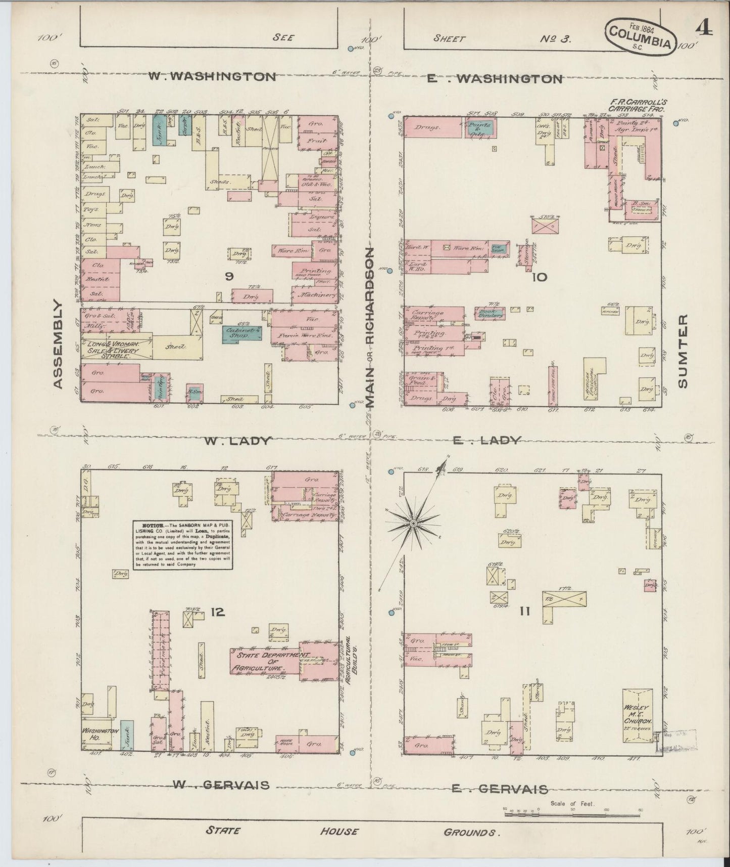 Sanborn Fire Insurance Map from Columbia, Richland County, South Carolina (1884), Sheet #0004 - Historic Sanborn Fire Insurance Map Print, vintage old map wall art, antique decor, genealogy gift, South Carolina South Carolina map