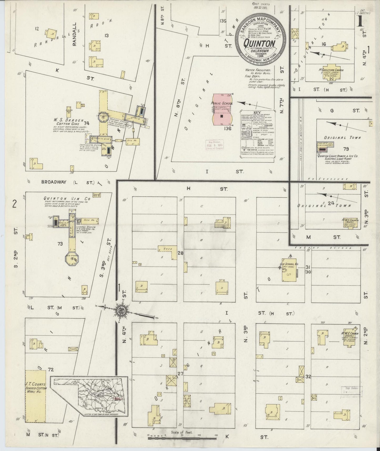 Sanborn Fire Insurance Map from Quinton, Pittsburg County, Oklahoma (1914), Sheet #0001 - Complete Map Set gallery image, historic Sanborn map, vintage wall art, Oklahoma Oklahoma