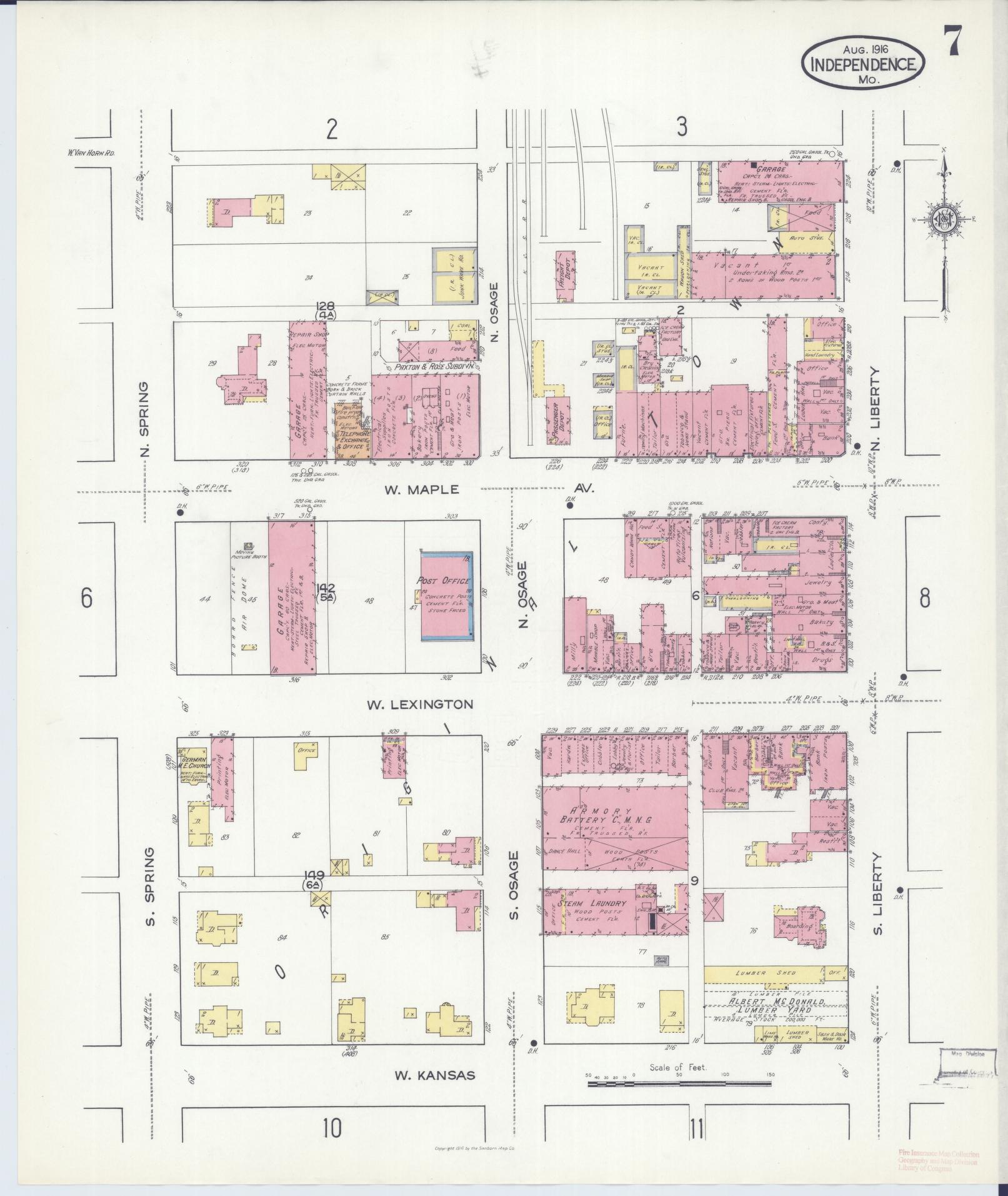 Sanborn Fire Insurance Map from Independence, Jackson County, Missouri (1916), Sheet #0007 - Historic Sanborn Fire Insurance Map Print, vintage old map wall art, antique decor, genealogy gift, Missouri Missouri map