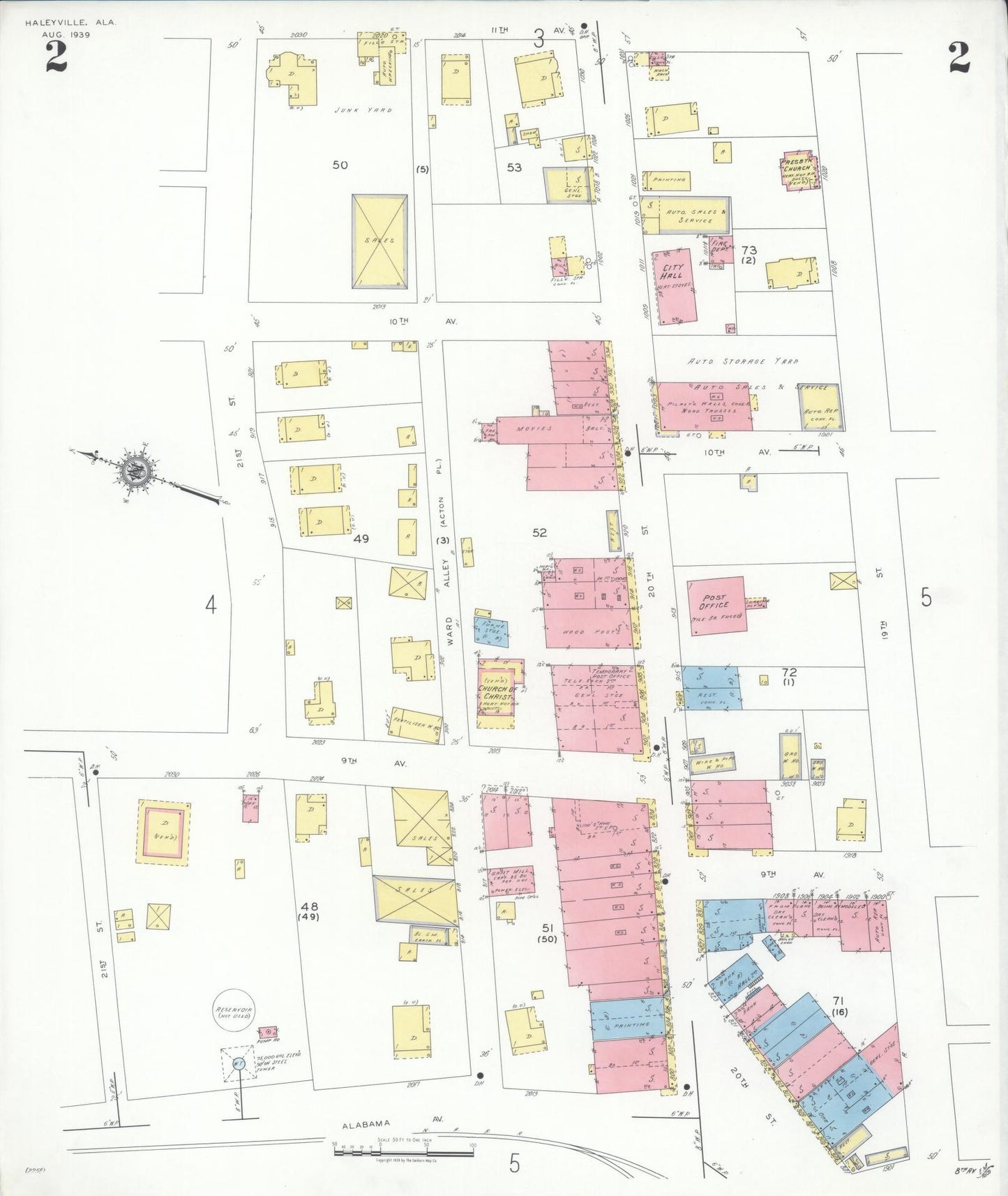 Sanborn Fire Insurance Map from Haleyville, Winston County, Alabama (1939), Sheet #0002 - Complete Map Set gallery image, historic Sanborn map, vintage wall art, Alabama Alabama