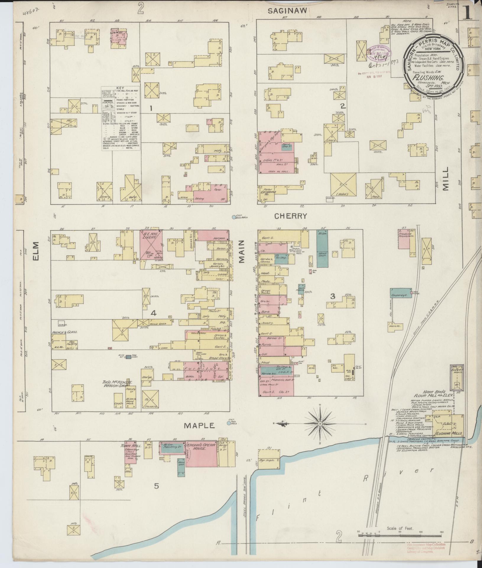 Sanborn Fire Insurance Map from Flushing, Genesee County, Michigan (1893), Sheet #0001 - Historic Sanborn Fire Insurance Map Print, vintage old map wall art, antique decor, genealogy gift, Michigan Michigan map
