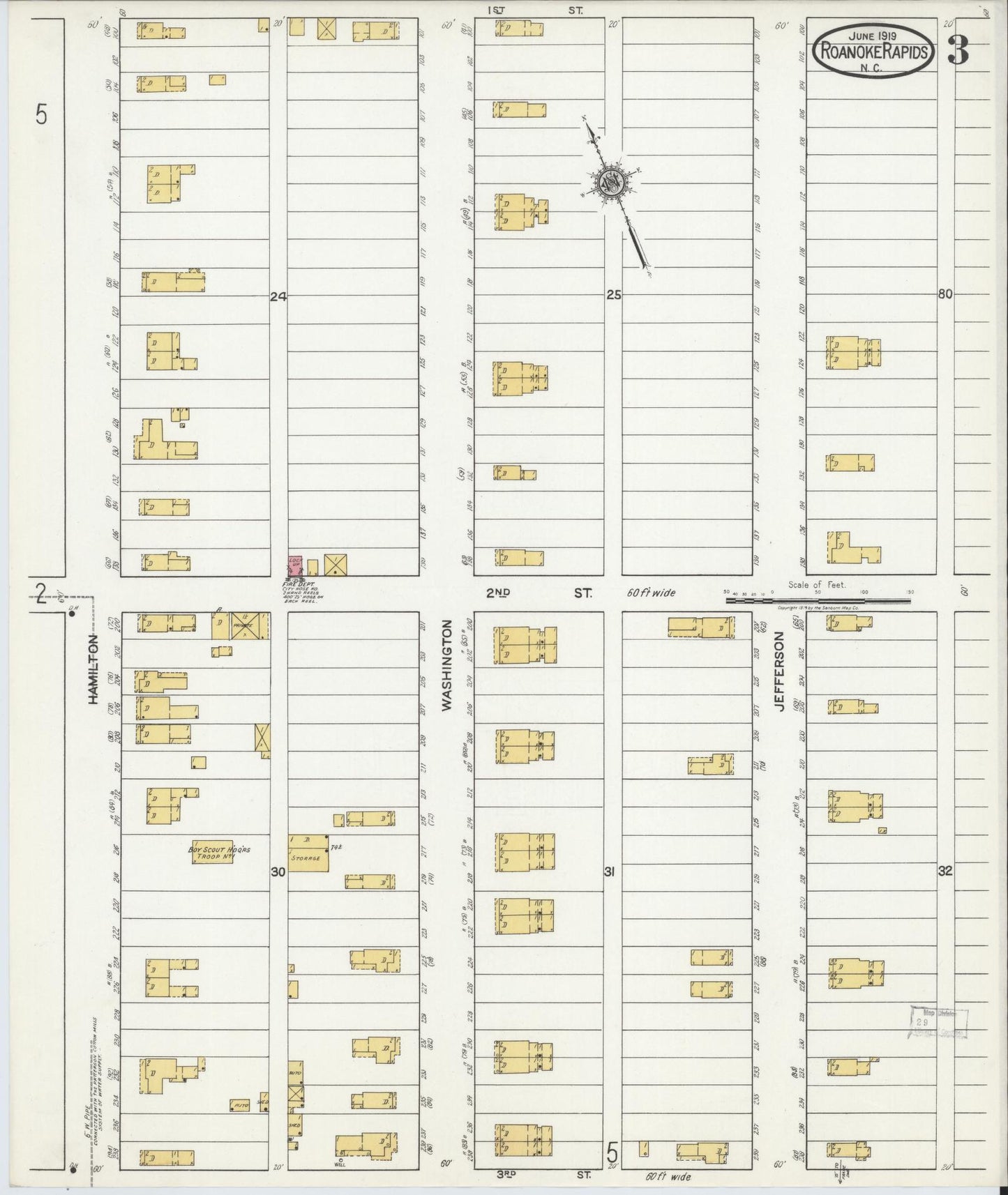 Sanborn Fire Insurance Map from Roanoke Rapids, Halifax County, North Carolina (1919), Sheet #0003 - Complete Map Set gallery image, historic Sanborn map, vintage wall art, North Carolina North Carolina