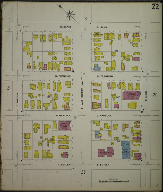 Sanborn Fire Insurance Map from Madison, Dane County, Wisconsin (1908), Sheet #0022 - Historic Sanborn Fire Insurance Map Print, vintage old map wall art, antique decor, genealogy gift, Wisconsin Wisconsin map