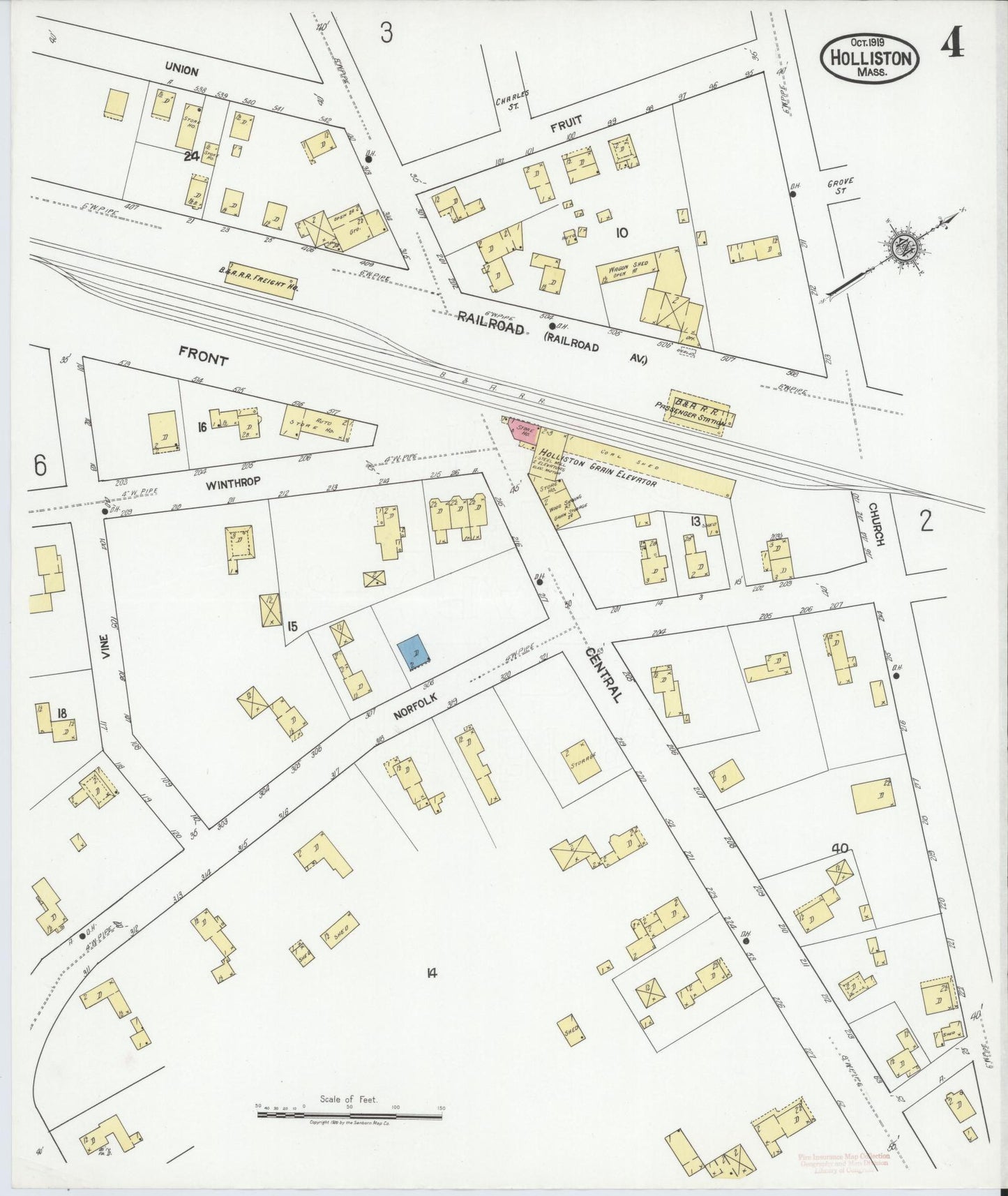 Sanborn Fire Insurance Map from Holliston, Middlesex County, Massachusetts (1919), Sheet #0004 - Historic Sanborn Fire Insurance Map Print, vintage old map wall art, antique decor, genealogy gift, Massachusetts Massachusetts map