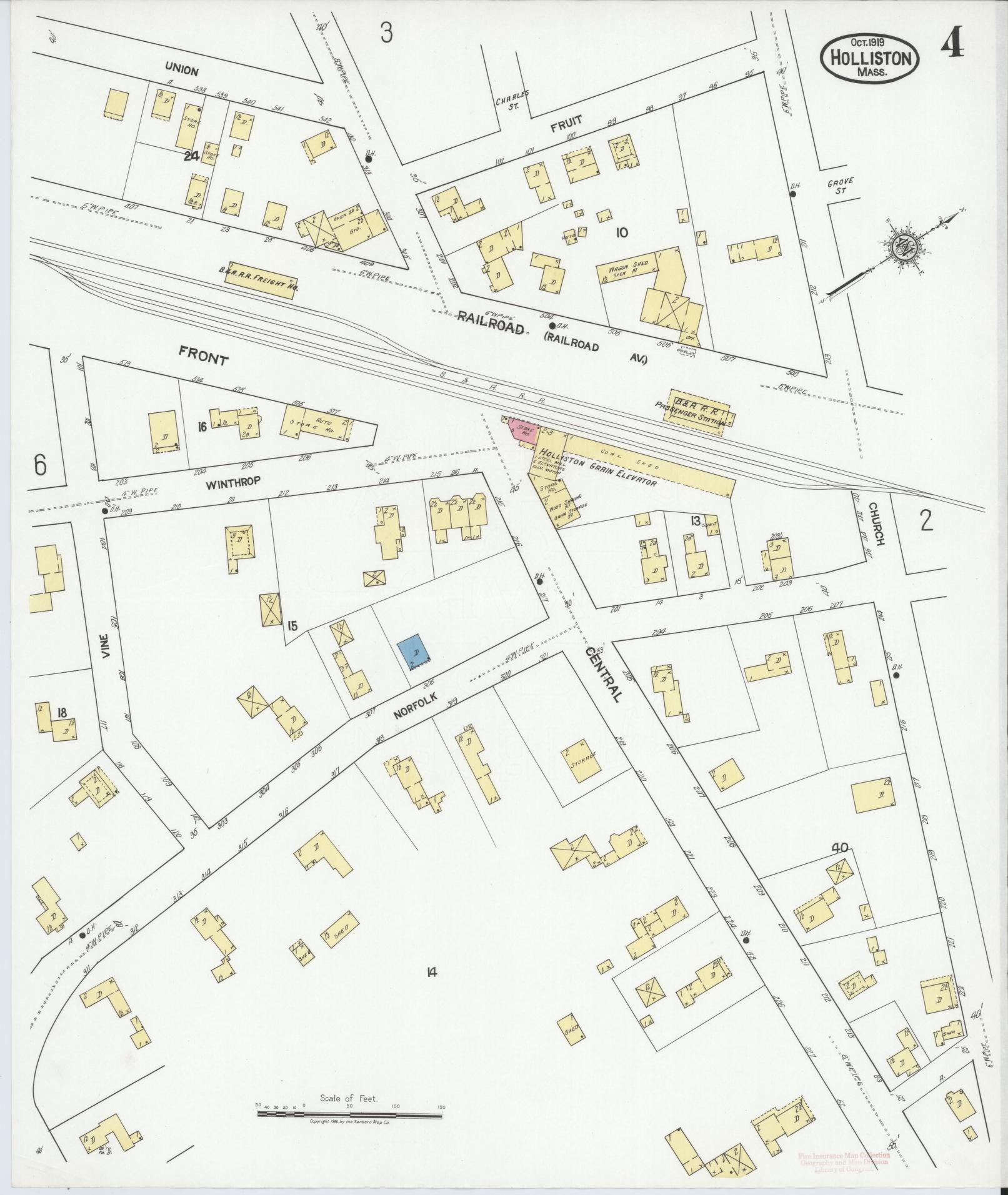 Sanborn Fire Insurance Map from Holliston, Middlesex County, Massachusetts (1919), Sheet #0004 - Historic Sanborn Fire Insurance Map Print, vintage old map wall art, antique decor, genealogy gift, Massachusetts Massachusetts map
