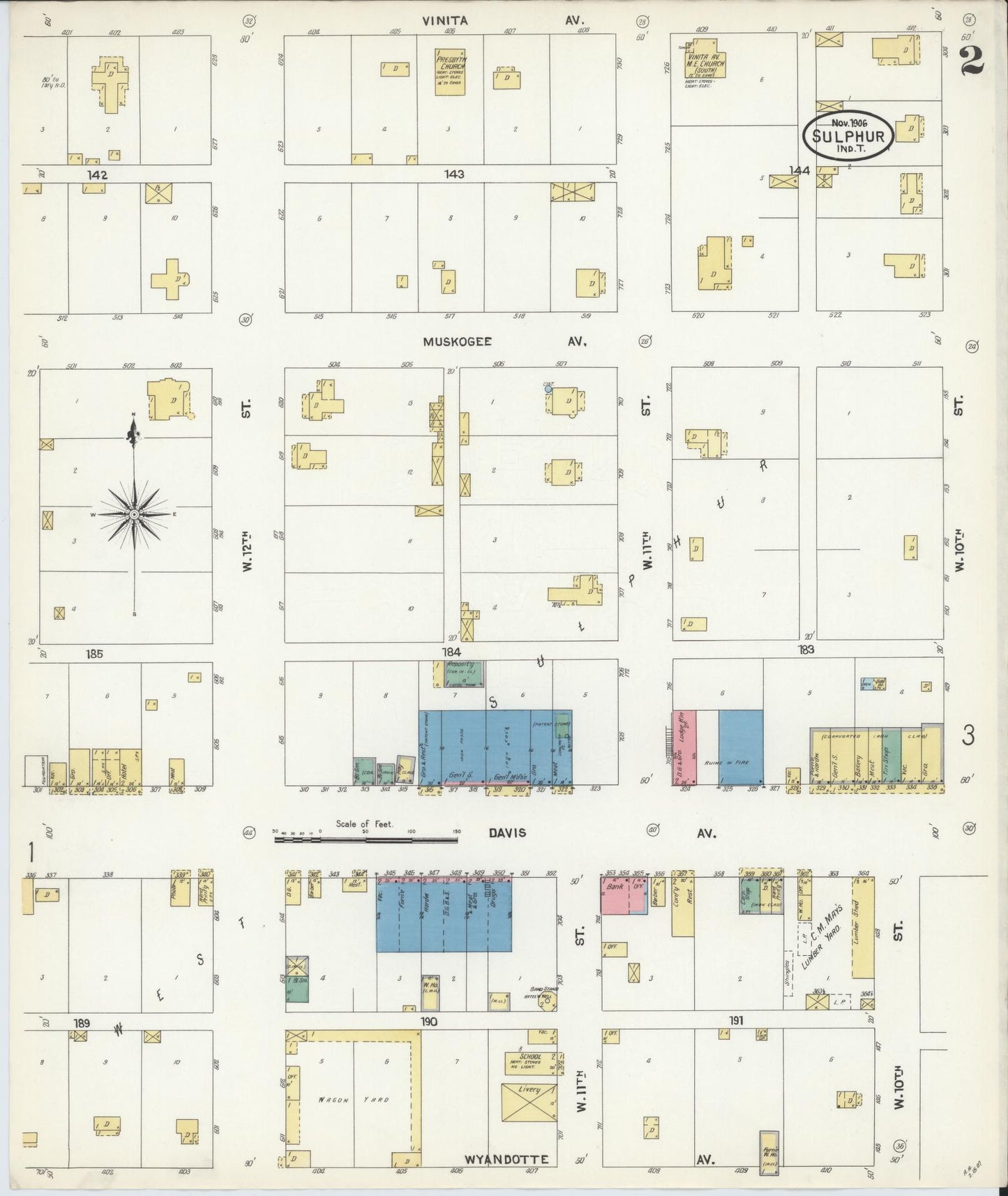 Sanborn Fire Insurance Map from Sulphur, Murray County, Oklahoma (1906), Sheet #0002 - Complete Map Set gallery image, historic Sanborn map, vintage wall art, Oklahoma Oklahoma