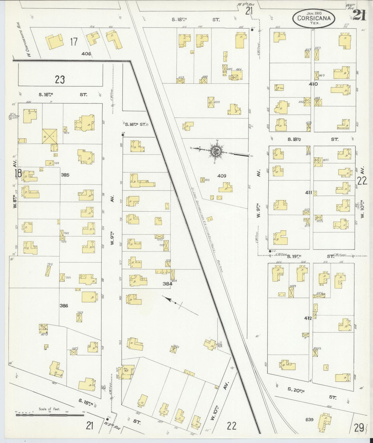 Sanborn Fire Insurance Map from Corsicana, Navarro County, Texas (1910), Sheet #0021 - Complete Map Set gallery image, historic Sanborn map, vintage wall art, Texas Texas