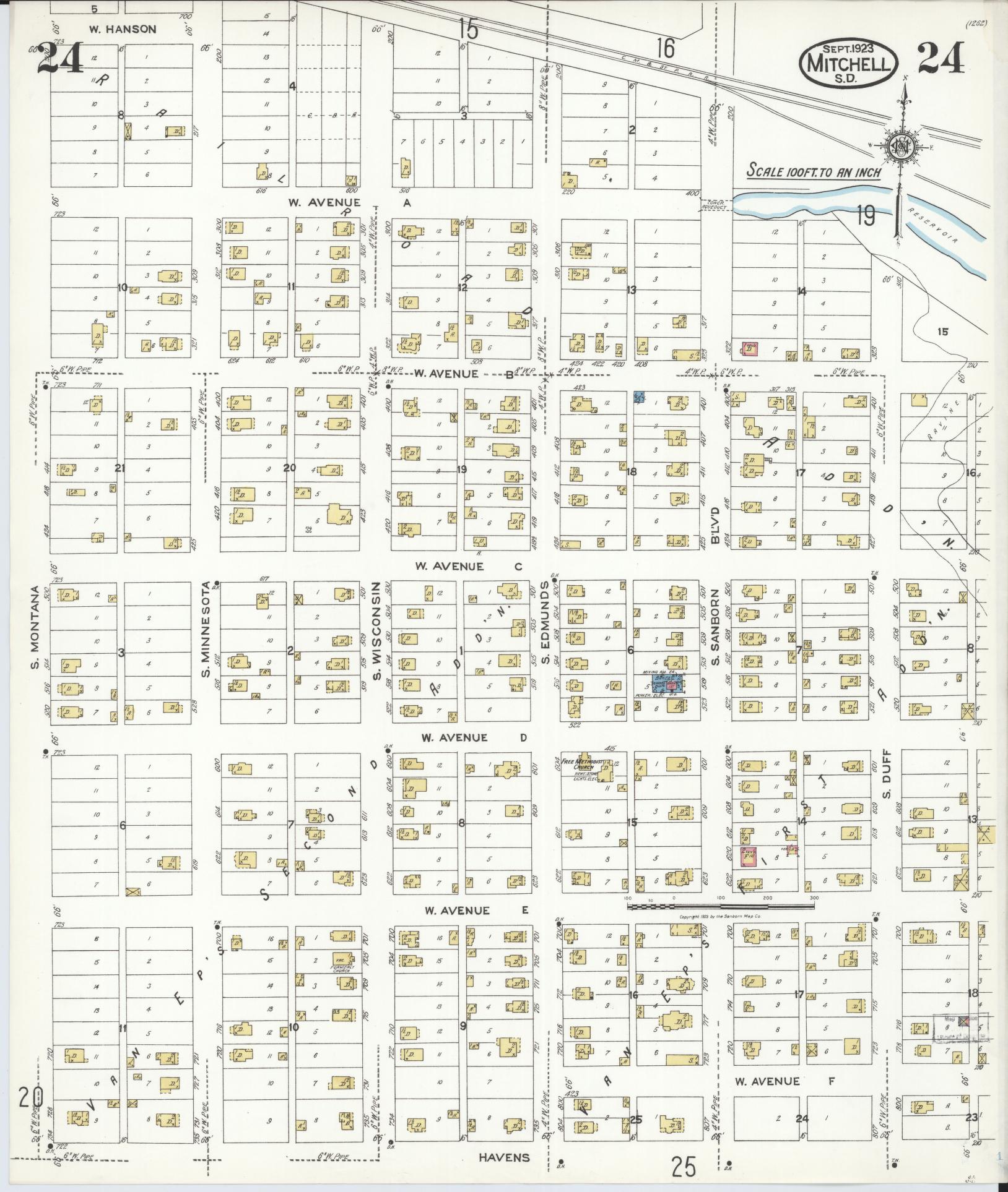 Sanborn Fire Insurance Map from Mitchell, Davison County, South Dakota (1923), Sheet #0024 - Historic Sanborn Fire Insurance Map Print, vintage old map wall art, antique decor, genealogy gift, South Dakota South Dakota map