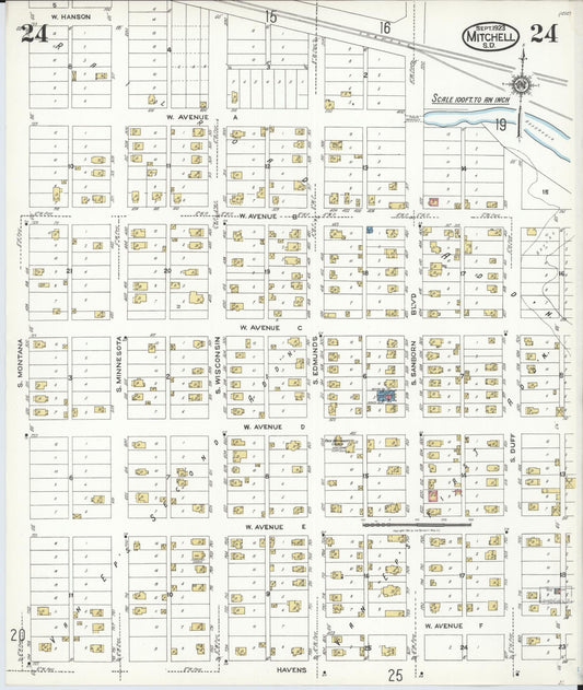 Sanborn Fire Insurance Map from Mitchell, Davison County, South Dakota (1923), Sheet #0024 - Historic Sanborn Fire Insurance Map Print, vintage old map wall art, antique decor, genealogy gift, South Dakota South Dakota map