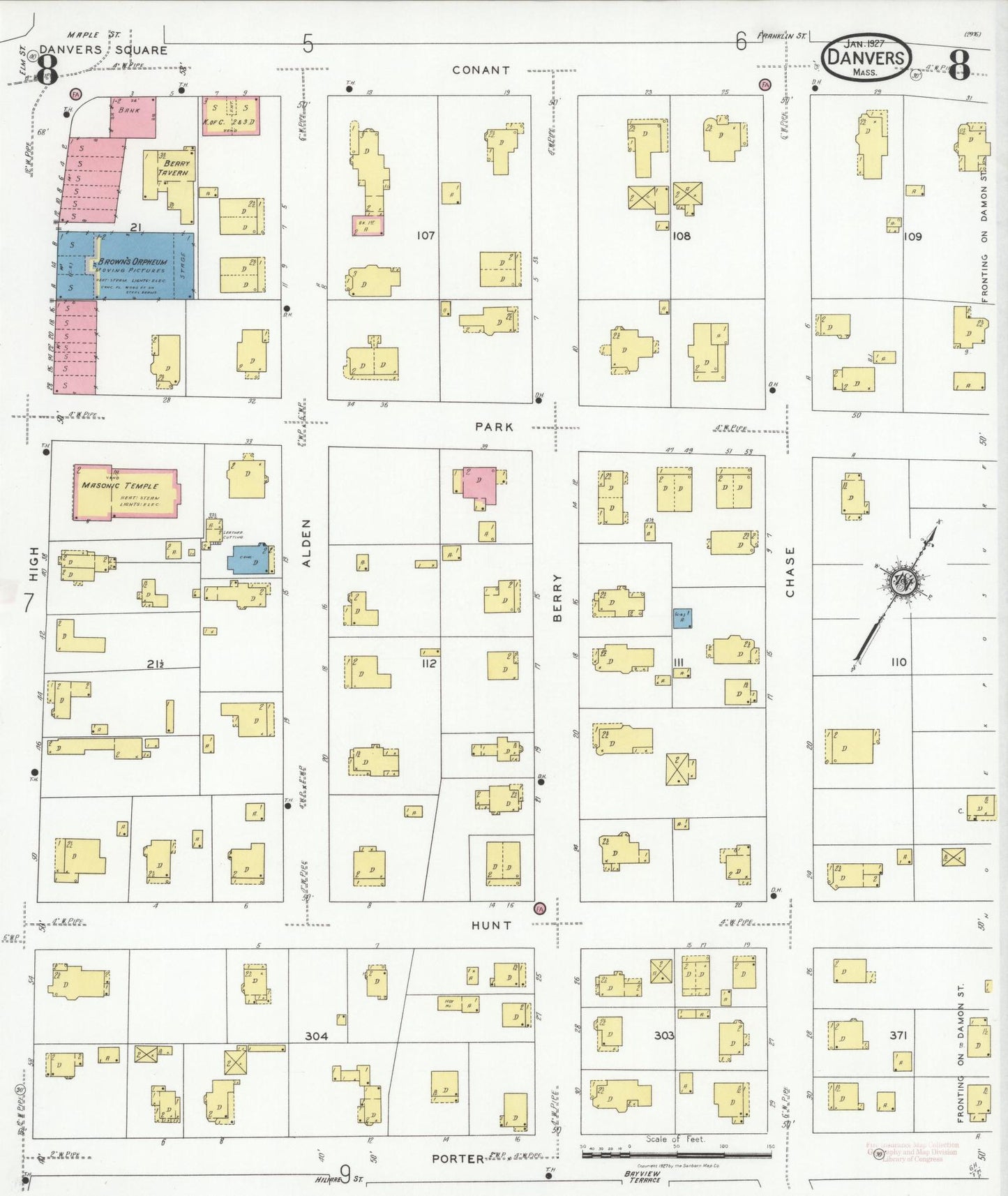 Sanborn Fire Insurance Map from Danvers, Essex County, Massachusetts (1927), Sheet #0008 - Complete Map Set gallery image, historic Sanborn map, vintage wall art, Massachusetts Massachusetts