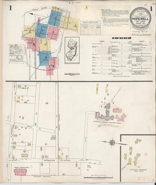 Sanborn Fire Insurance Map from Hopewell, Mercer County, New Jersey (1935), Sheet #0001 - Historic Sanborn Fire Insurance Map Print, vintage old map wall art, antique decor, genealogy gift, New Jersey New Jersey map