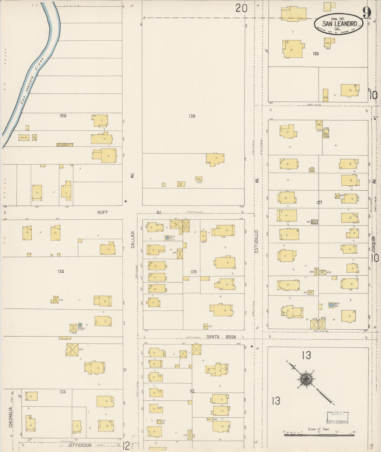 Sanborn Fire Insurance Map from San Leandro, Alameda County, California (1917), Sheet #0009 - Complete Map Set gallery image, historic Sanborn map, vintage wall art, California California