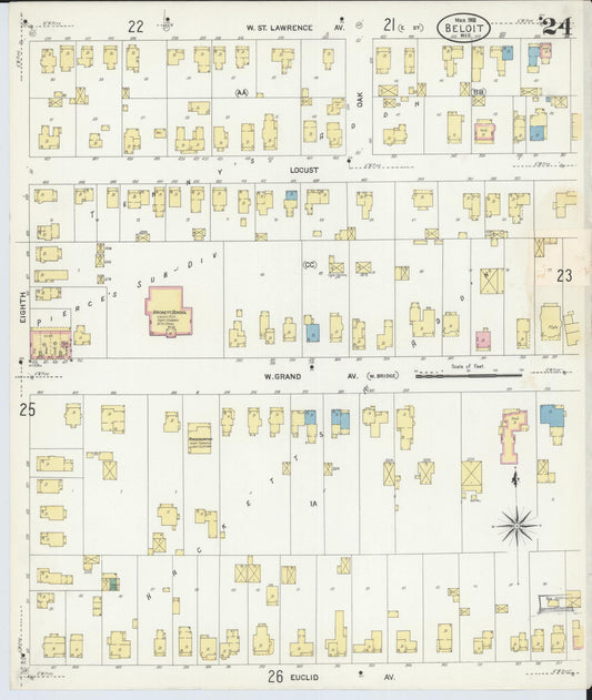 Sanborn Fire Insurance Map from Beloit, Rock County, Wisconsin (1908), Sheet #0024 - Historic Sanborn Fire Insurance Map Print, vintage old map wall art, antique decor, genealogy gift, Wisconsin Wisconsin map