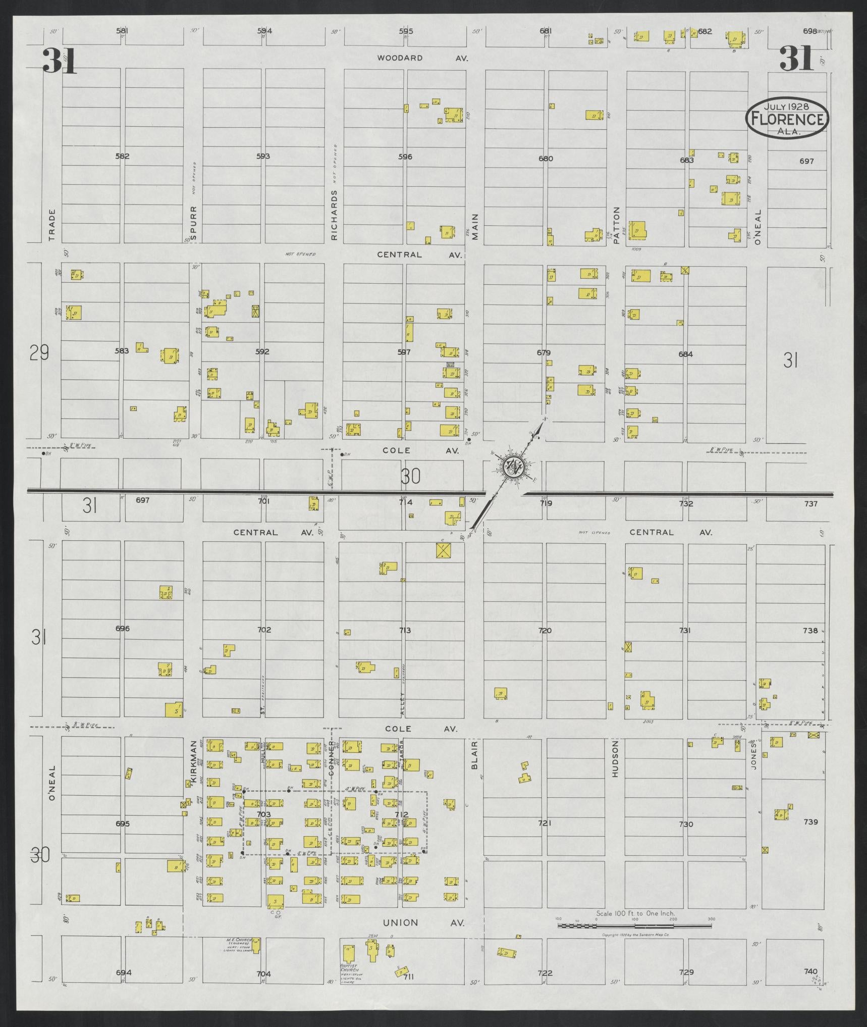 Sanborn Fire Insurance Map from Florence, Lauderdale County, Alabama (1928), Sheet #0031 - Historic Sanborn Fire Insurance Map Print, vintage old map wall art, antique decor, genealogy gift, Alabama Alabama map