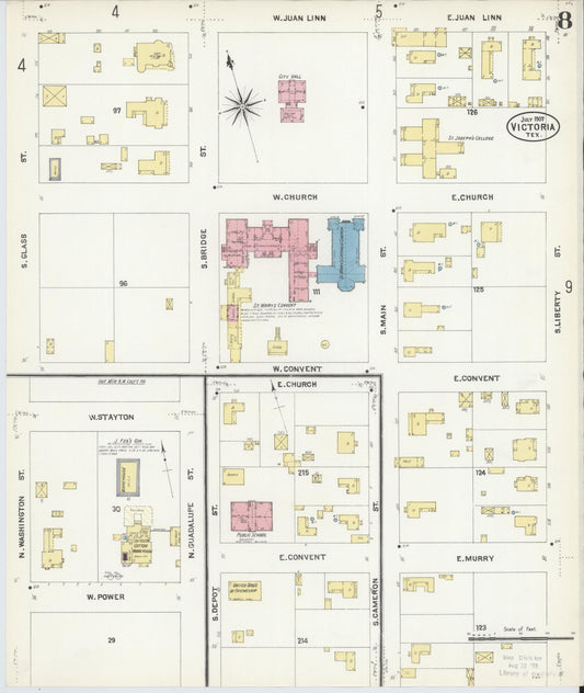Sanborn Fire Insurance Map from Victoria, Victoria County, Texas (1907), Sheet #0008 - Historic Sanborn Fire Insurance Map Print, vintage old map wall art, antique decor, genealogy gift, Texas Texas map