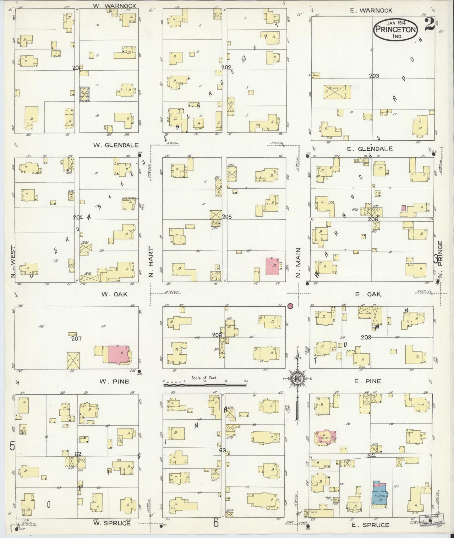 Sanborn Fire Insurance Map from Princeton, Gibson County, Indiana (1914), Sheet #0002 - Historic Sanborn Fire Insurance Map Print, vintage old map wall art, antique decor, genealogy gift, Indiana Indiana map