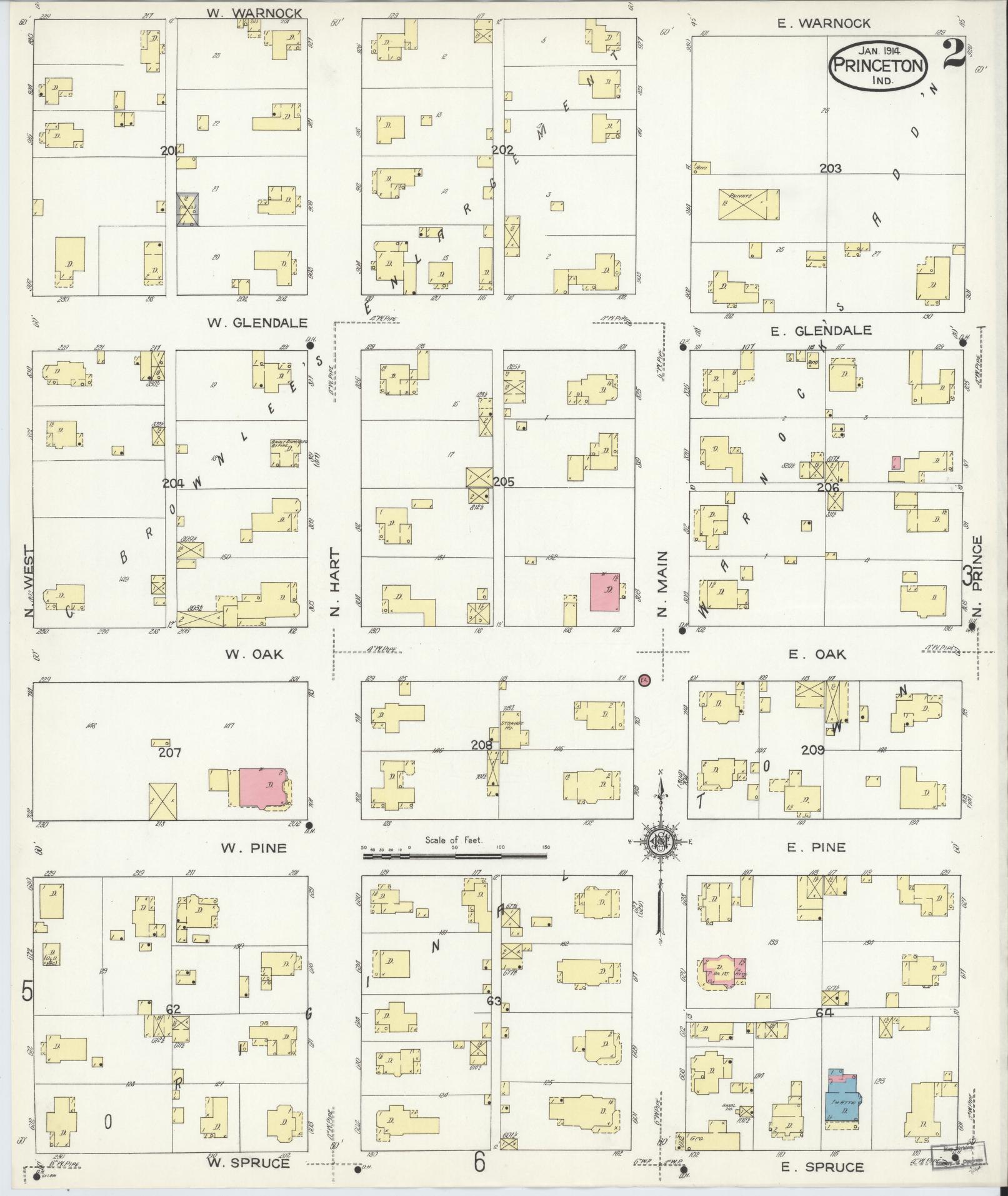 Sanborn Fire Insurance Map from Princeton, Gibson County, Indiana (1914), Sheet #0002 - Historic Sanborn Fire Insurance Map Print, vintage old map wall art, antique decor, genealogy gift, Indiana Indiana map