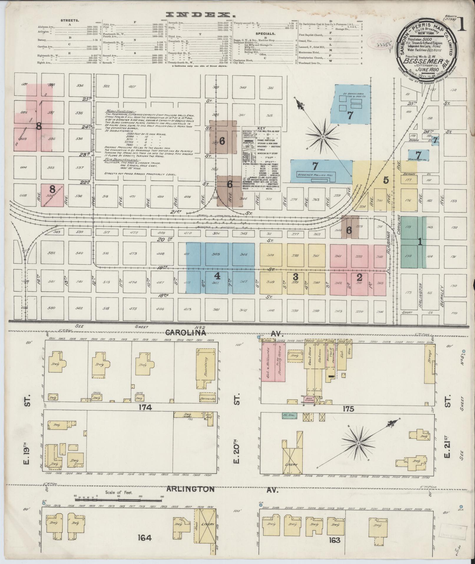 Sanborn Fire Insurance Map from Bessemer, Jefferson County, Alabama (1890), Sheet #0001 - Historic Sanborn Fire Insurance Map Print, vintage old map wall art, antique decor, genealogy gift, Alabama Alabama map