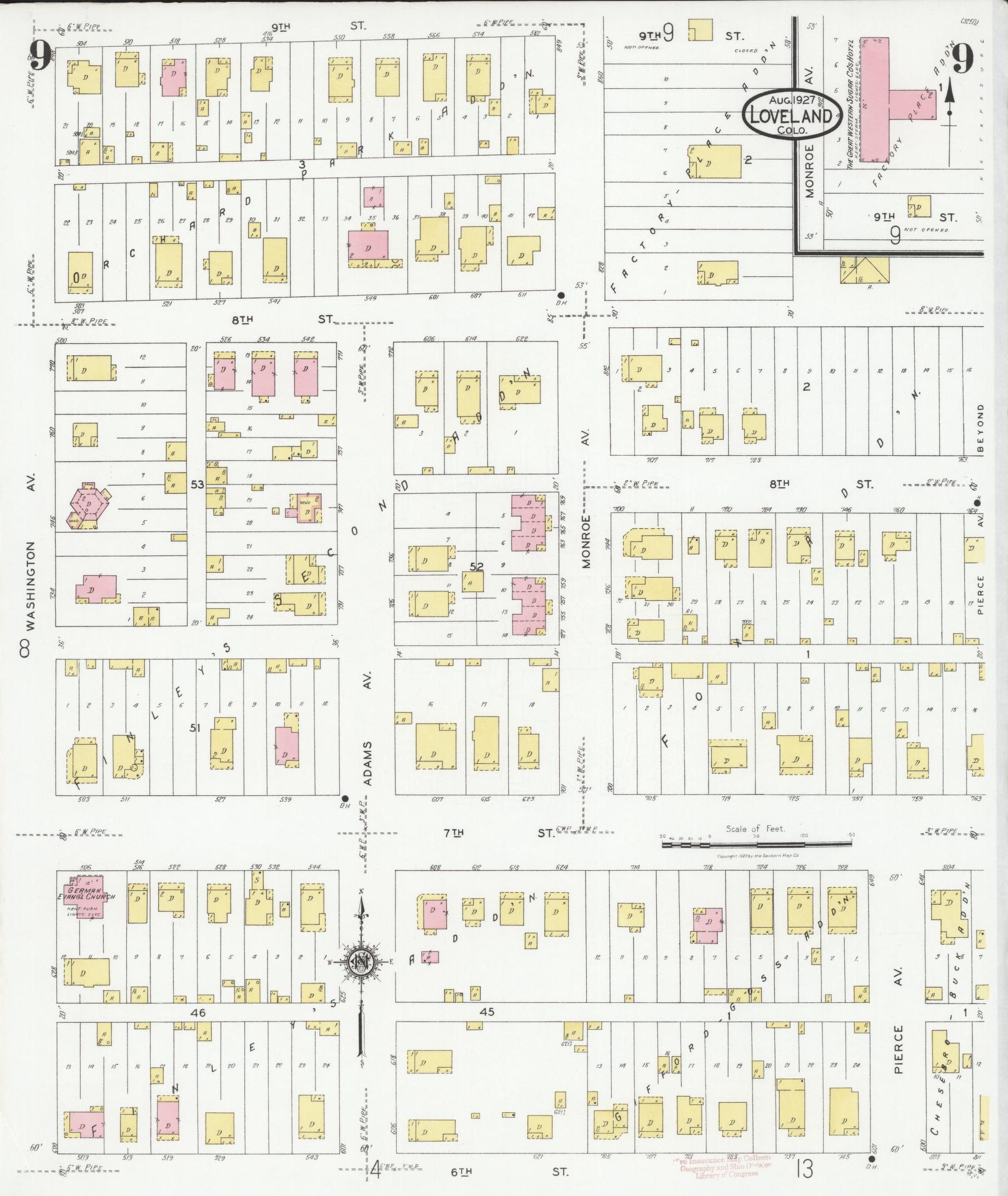 Sanborn Fire Insurance Map from Loveland, Larimer County, Colorado (1927), Sheet #0009 - Historic Sanborn Fire Insurance Map Print, vintage old map wall art, antique decor, genealogy gift, Colorado Colorado map