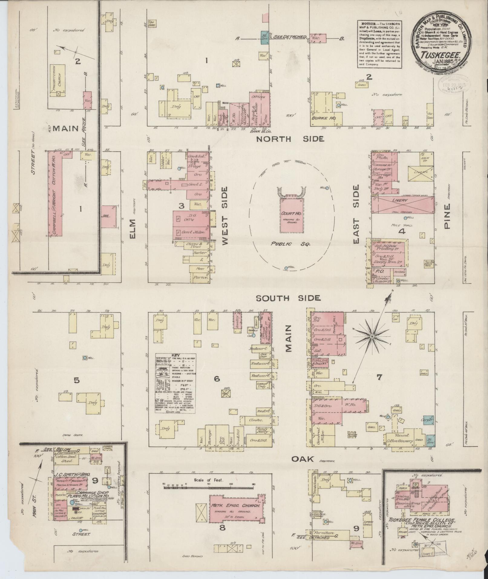 Sanborn Fire Insurance Map from Tuskegee, Macon County, Alabama (1885), Sheet #0001 - Historic Sanborn Fire Insurance Map Print, vintage old map wall art, antique decor, genealogy gift, Alabama Alabama map