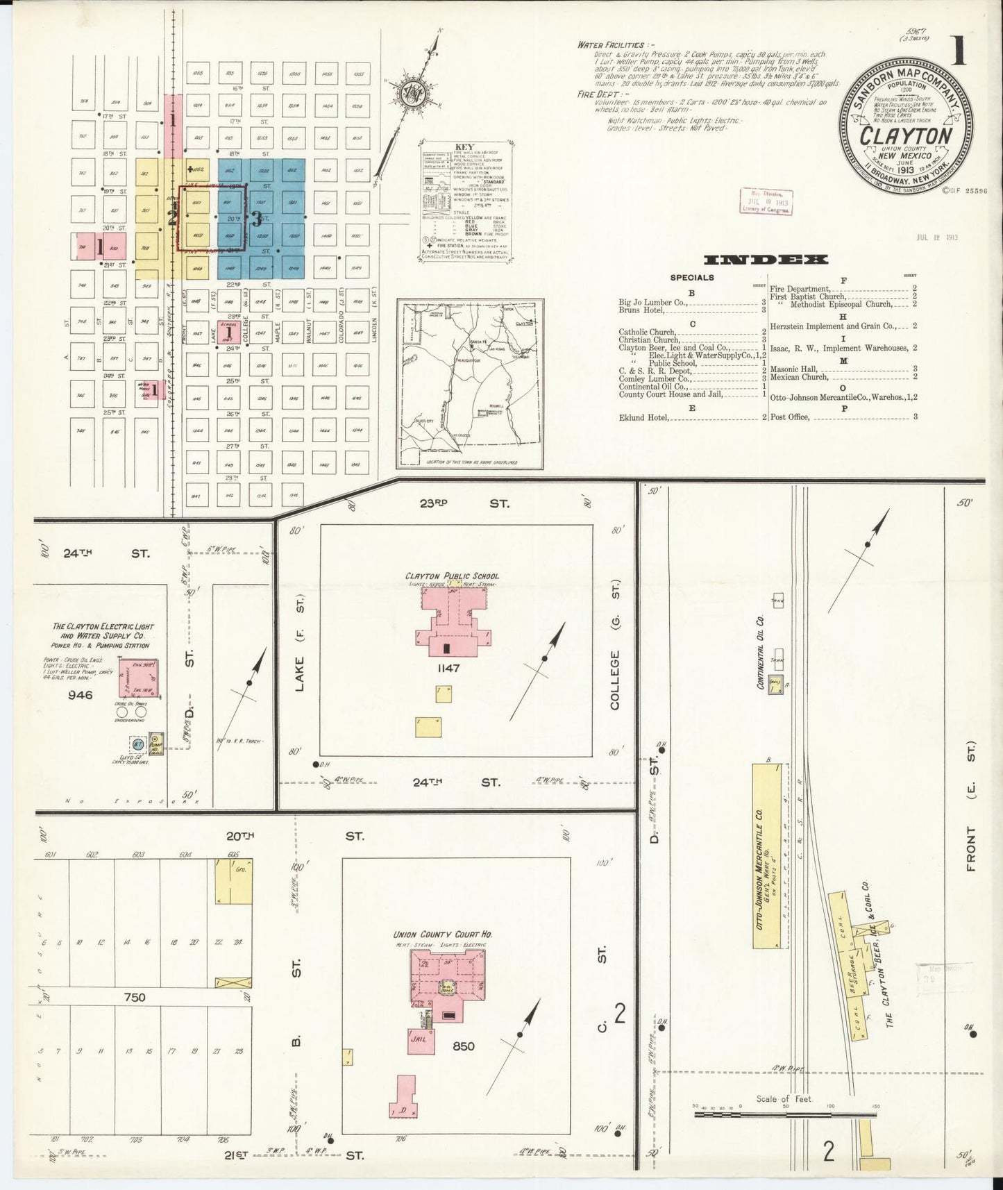 Sanborn Fire Insurance Map from Clayton, Union County, New Mexico (1913), Sheet #0001 - Complete Map Set gallery image, historic Sanborn map, vintage wall art, New Mexico New Mexico