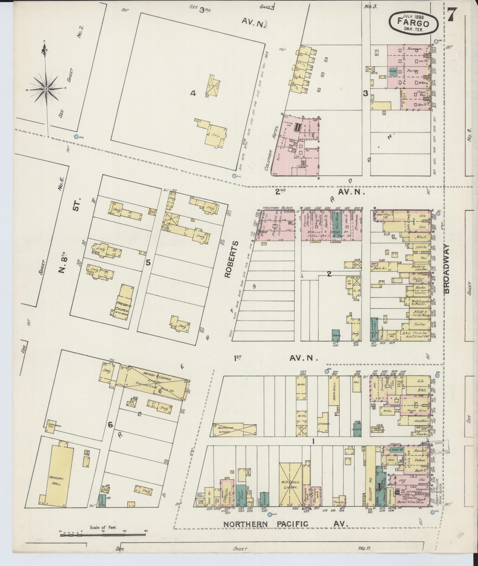 Sanborn Fire Insurance Map from Fargo, Cass County, North Dakota (1888), Sheet #0007 - Historic Sanborn Fire Insurance Map Print, vintage old map wall art, antique decor, genealogy gift, North Dakota North Dakota map