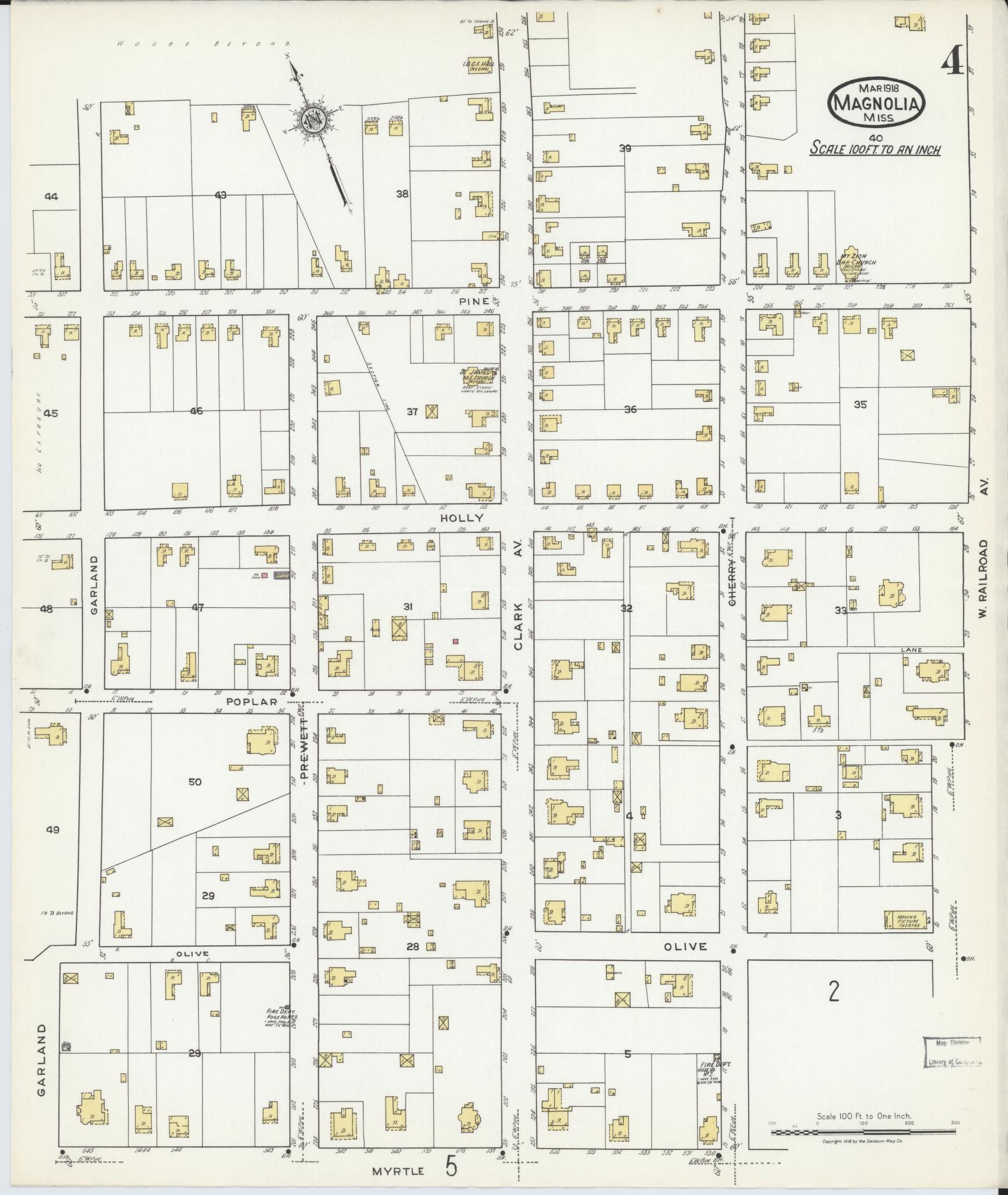 Sanborn Fire Insurance Map from Magnolia, Pike County, Mississippi (1918), Sheet #0004 - Complete Map Set gallery image, historic Sanborn map, vintage wall art, Mississippi Mississippi