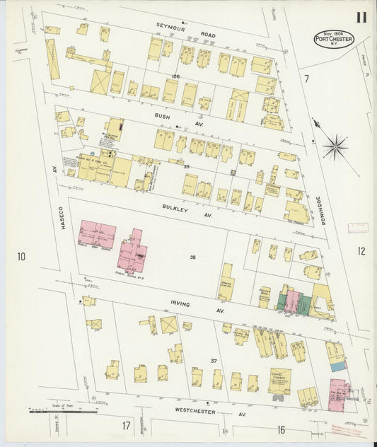 Sanborn Fire Insurance Map from Port Chester, Westchester County, New York (1908), Sheet #0011 - Historic Sanborn Fire Insurance Map Print, vintage old map wall art, antique decor, genealogy gift, New York New York map