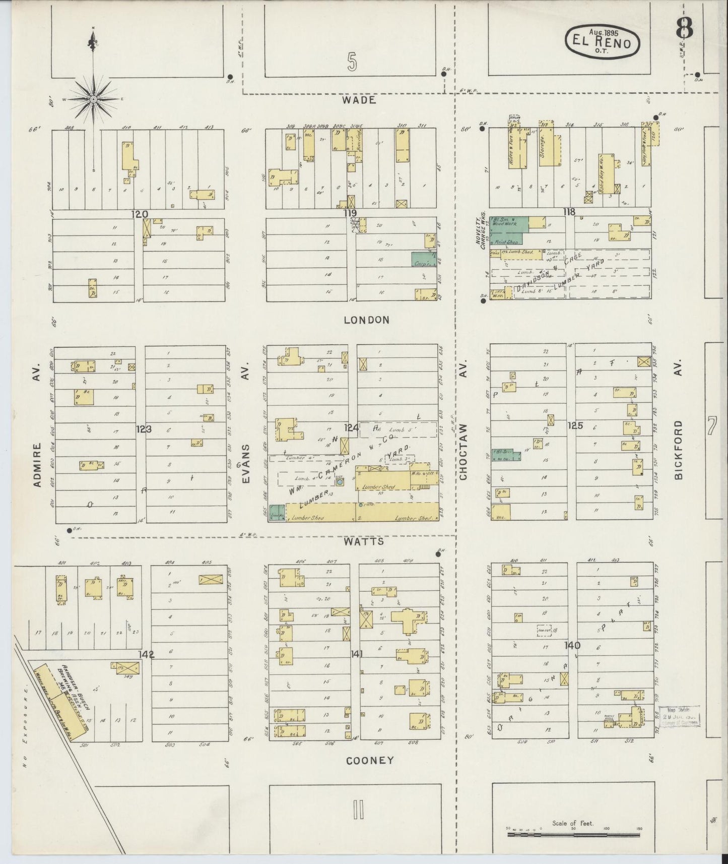 Sanborn Fire Insurance Map from El Reno, Canadian County, Oklahoma (1895), Sheet #0008 - Complete Map Set gallery image, historic Sanborn map, vintage wall art, Oklahoma Oklahoma