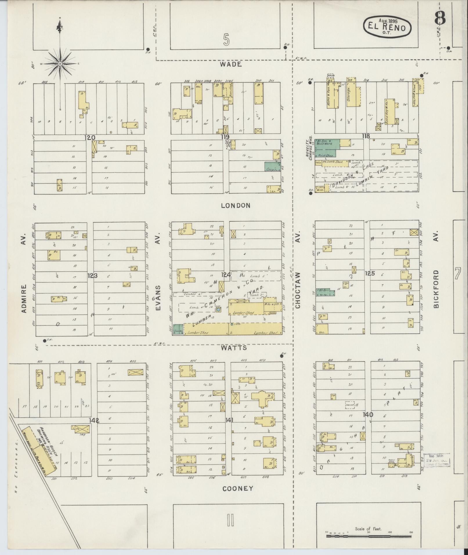 Sanborn Fire Insurance Map from El Reno, Canadian County, Oklahoma (1895), Sheet #0008 - Complete Map Set gallery image, historic Sanborn map, vintage wall art, Oklahoma Oklahoma
