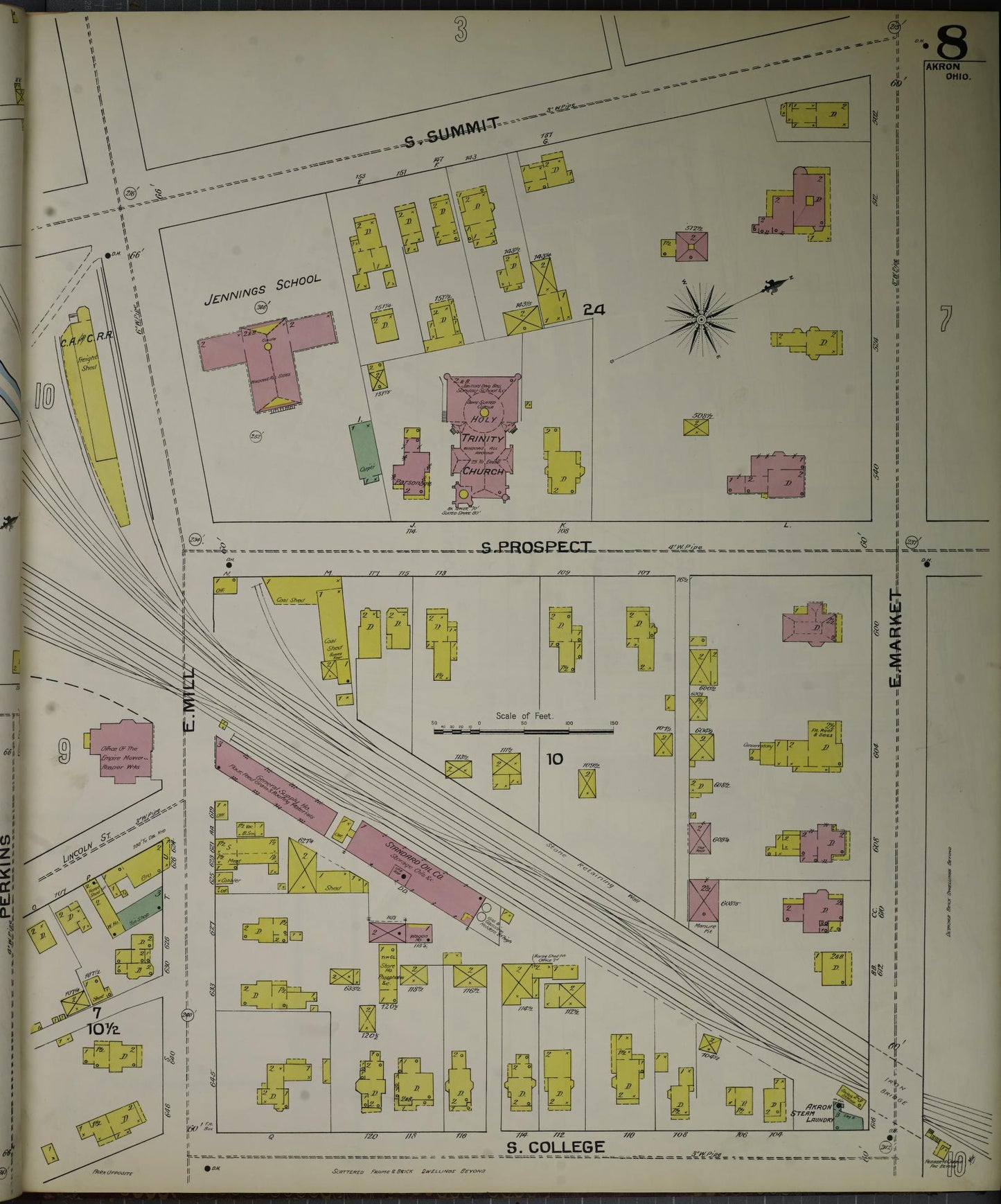 Sanborn Fire Insurance Map from Akron, Summit County, Ohio (1892), Sheet #0008 - Historic Sanborn Fire Insurance Map Print, vintage old map wall art, antique decor, genealogy gift, Ohio Ohio map